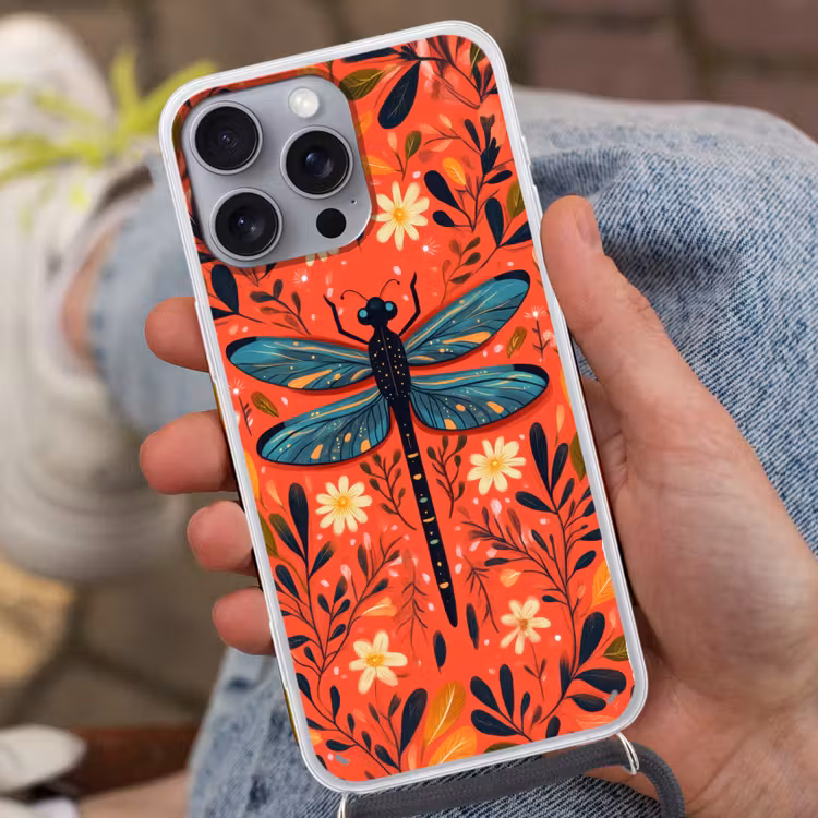 Libel - Blauw - Vleugels - Bladeren Hoesje iPhone 16 Pro Max met koord klein -sfeer3