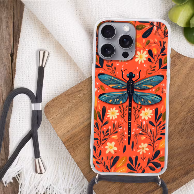 Libel - Blauw - Vleugels - Bladeren Hoesje iPhone 16 Pro Max met koord klein -sfeer4
