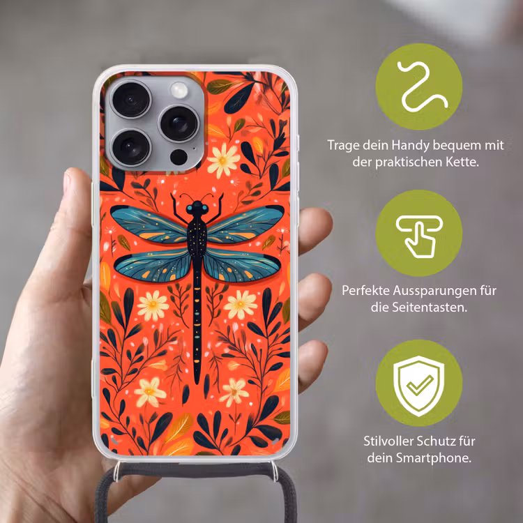 Libel - Blauw - Vleugels - Bladeren Hoesje iPhone 16 Pro Max met koord klein -sfeer2_DE