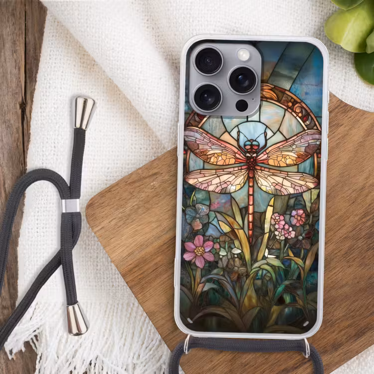 Libelle - Mozaïek - Bloemen - Kleurrijk Hoesje iPhone 16 Pro Max met koord klein -sfeer4
