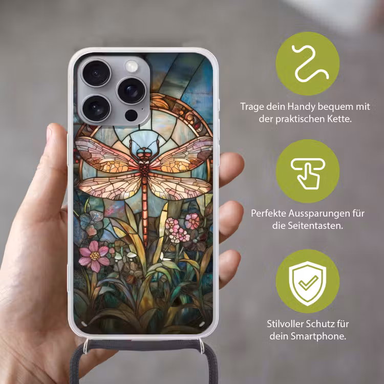 Libelle - Mozaïek - Bloemen - Kleurrijk Hoesje iPhone 16 Pro Max met koord klein -sfeer2_DE