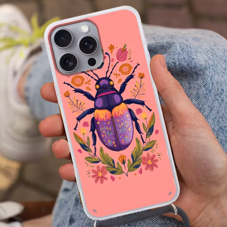 Paars - Kever - Stipjes - Bloemen Hoesje iPhone 16 Pro Max met koord klein -sfeer3