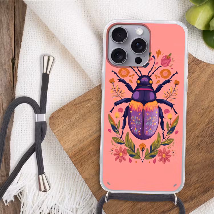 Paars - Kever - Stipjes - Bloemen Hoesje iPhone 16 Pro Max met koord klein -sfeer4