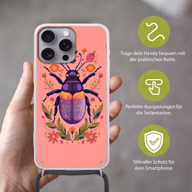 Paars - Kever - Stipjes - Bloemen Hoesje iPhone 16 Pro Max met koord klein -sfeer2_DE