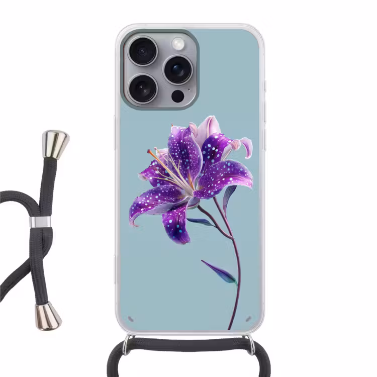 Lelie - Bloem - Paars - Stippen Hoesje iPhone 16 Pro Max met koord klein -3d