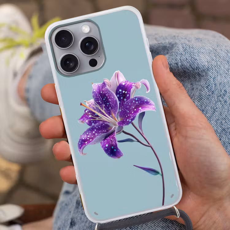 Lelie - Bloem - Paars - Stippen Hoesje iPhone 16 Pro Max met koord klein -sfeer3