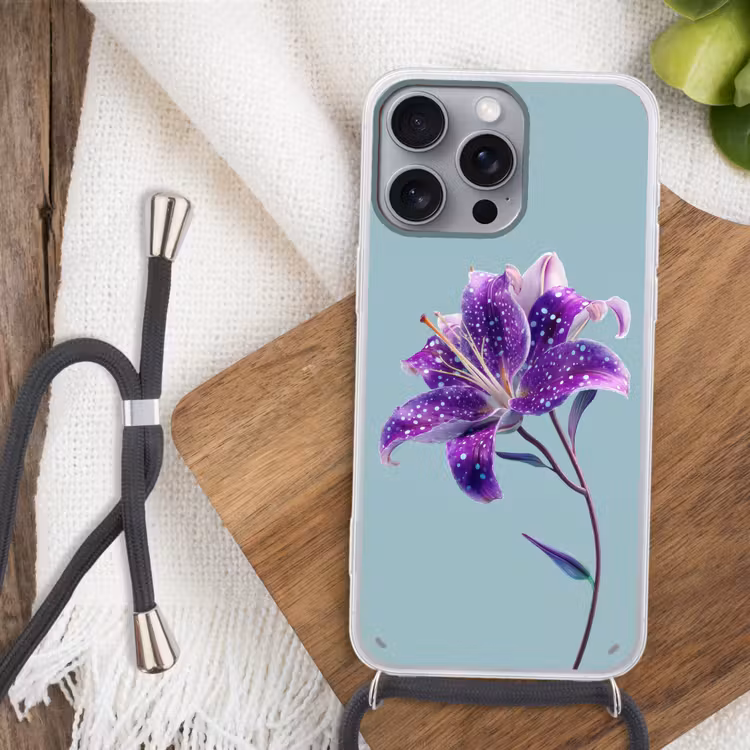 Lelie - Bloem - Paars - Stippen Hoesje iPhone 16 Pro Max met koord klein -sfeer4