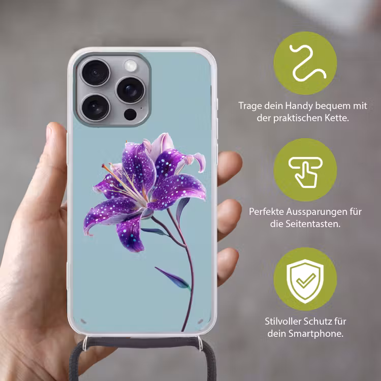 Lelie - Bloem - Paars - Stippen Hoesje iPhone 16 Pro Max met koord klein -sfeer2_DE
