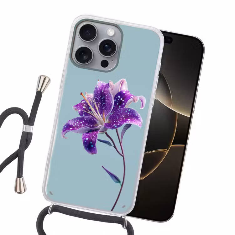Lelie - Bloem - Paars - Stippen Hoesje iPhone 16 Pro Max met koord klein -sfeer1