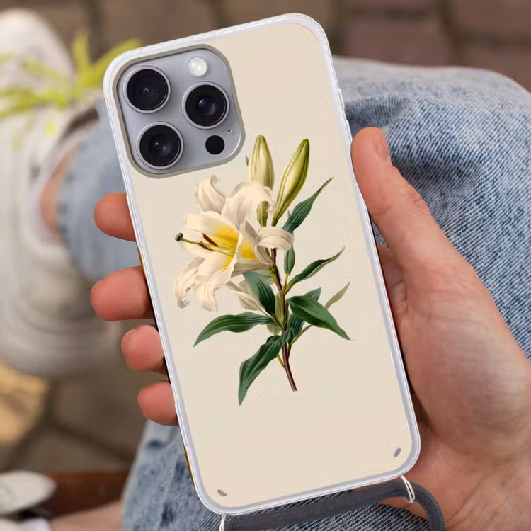 Lelie - Elegant - Botanisch - Beige Hoesje iPhone 16 Pro Max met koord klein -sfeer3