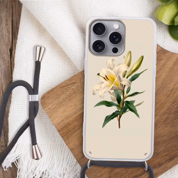 Lelie - Elegant - Botanisch - Beige Hoesje iPhone 16 Pro Max met koord klein -sfeer4