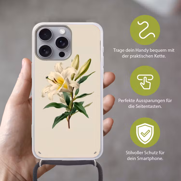 Lelie - Elegant - Botanisch - Beige Hoesje iPhone 16 Pro Max met koord klein -sfeer2_DE