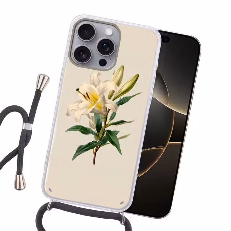 Lelie - Elegant - Botanisch - Beige Hoesje iPhone 16 Pro Max met koord klein -sfeer1