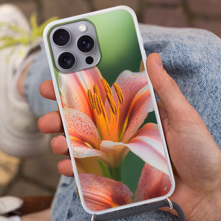 Lelie - Close up - Lichtroze Hoesje iPhone 16 Pro Max met koord klein -sfeer3