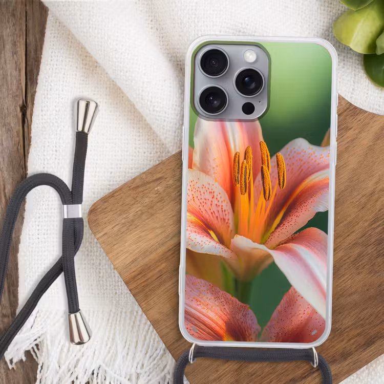 Lelie - Close up - Lichtroze Hoesje iPhone 16 Pro Max met koord klein -sfeer4
