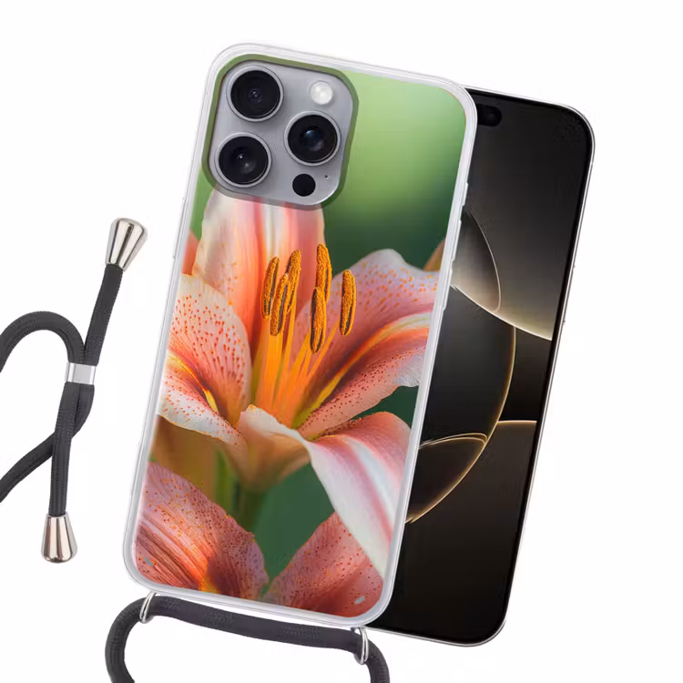 Lelie - Close up - Lichtroze Hoesje iPhone 16 Pro Max met koord klein -sfeer1