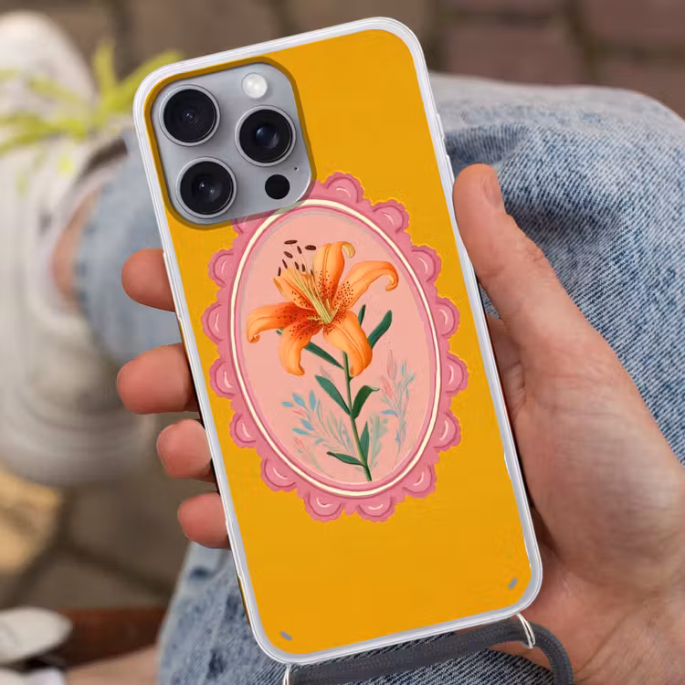 Lelie - Oranje - Lijst - Ovaal Hoesje iPhone 16 Pro Max met koord klein -sfeer3