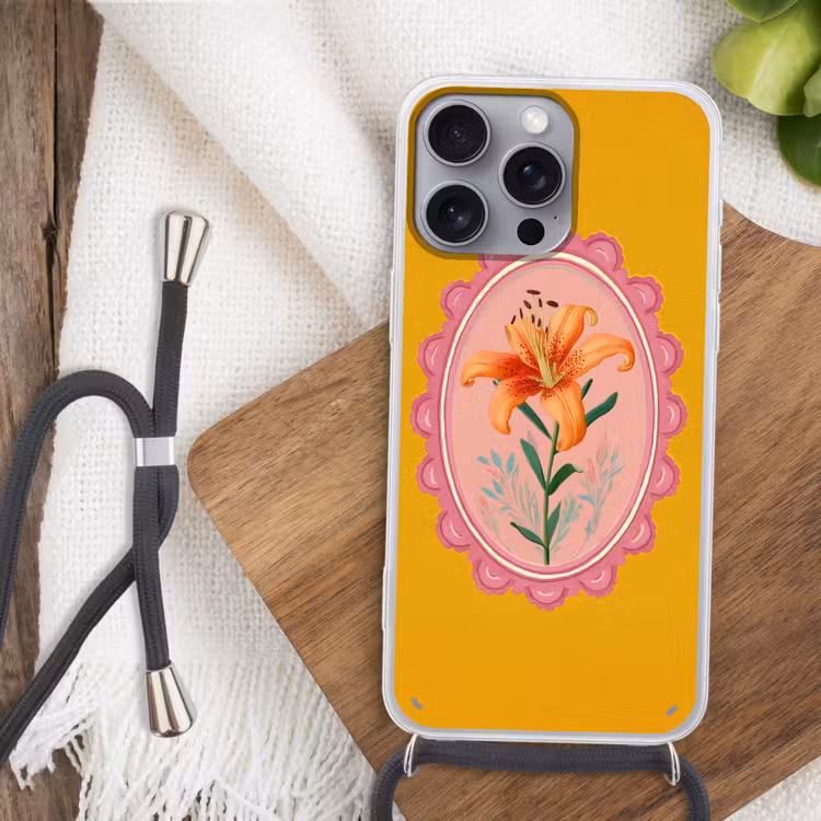 Lelie - Oranje - Lijst - Ovaal Hoesje iPhone 16 Pro Max met koord klein -sfeer4