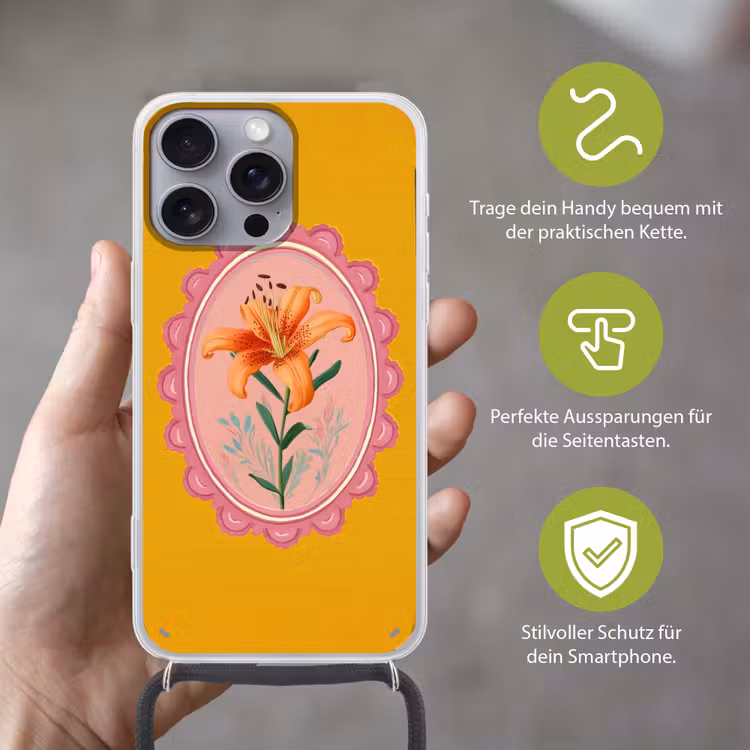 Lelie - Oranje - Lijst - Ovaal Hoesje iPhone 16 Pro Max met koord klein -sfeer2_DE