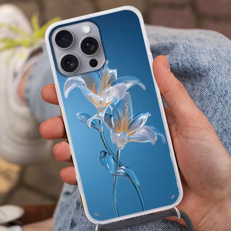 Lelies - Blauw - Glazen Hoesje iPhone 16 Pro Max met koord klein -sfeer3