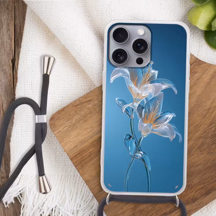 Lelies - Blauw - Glazen Hoesje iPhone 16 Pro Max met koord klein -sfeer4