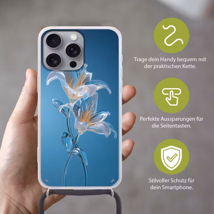 Lelies - Blauw - Glazen Hoesje iPhone 16 Pro Max met koord klein -sfeer2_DE