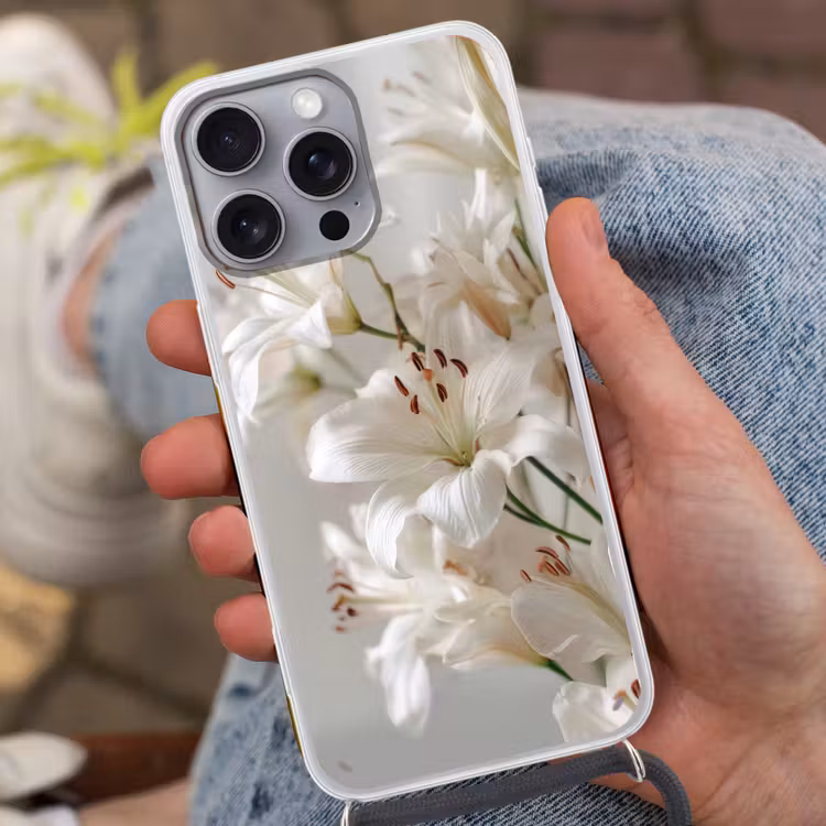 Lelies - Boekte - Wit - Meeldraden Hoesje iPhone 16 Pro Max met koord klein -sfeer3
