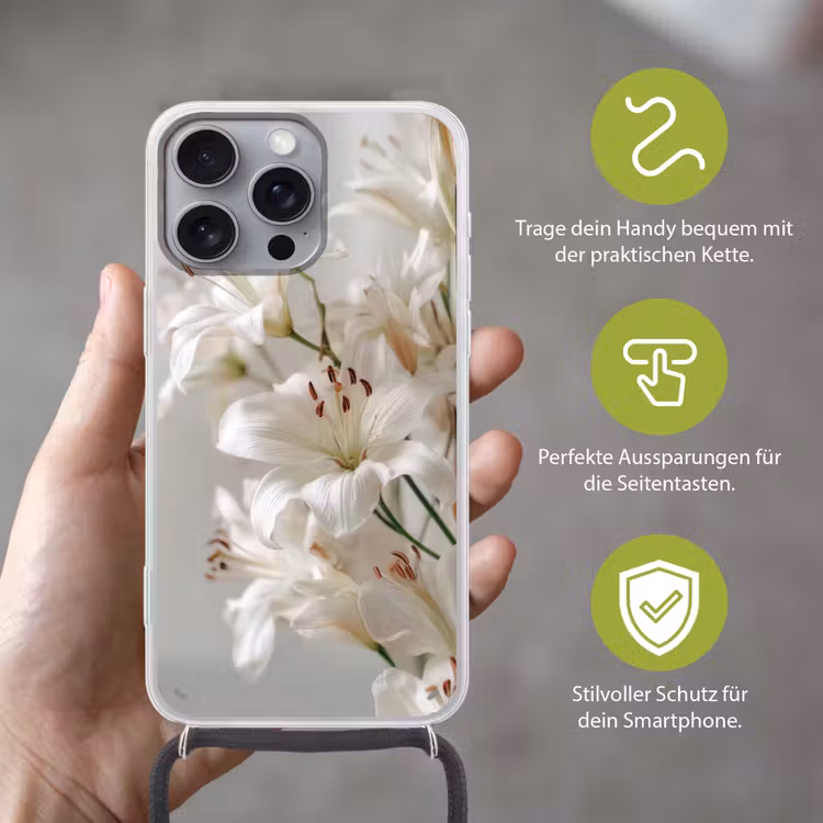 Lelies - Boekte - Wit - Meeldraden Hoesje iPhone 16 Pro Max met koord klein -sfeer2_DE