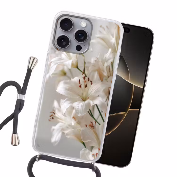 Lelies - Boekte - Wit - Meeldraden Hoesje iPhone 16 Pro Max met koord klein -sfeer1