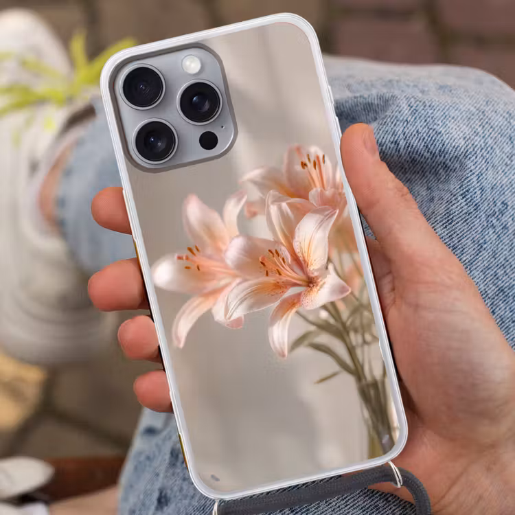 Lelies - Meeldraden - Roze - Wazig Hoesje iPhone 16 Pro Max met koord klein -sfeer3