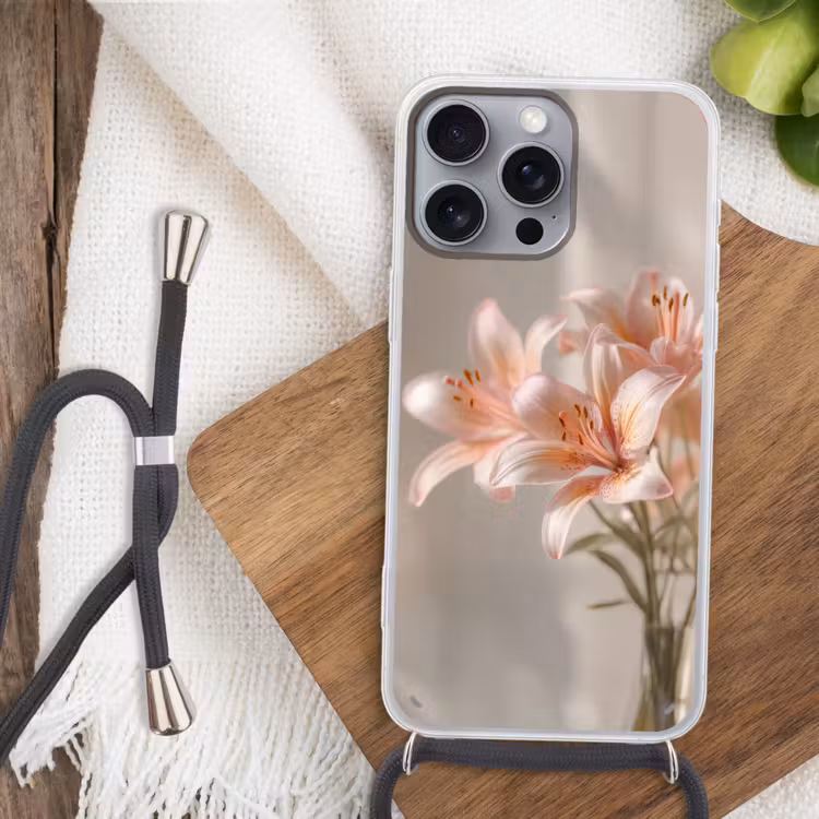 Lelies - Meeldraden - Roze - Wazig Hoesje iPhone 16 Pro Max met koord klein -sfeer4