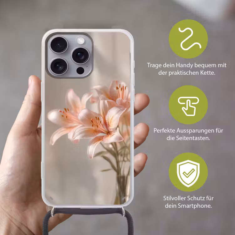 Lelies - Meeldraden - Roze - Wazig Hoesje iPhone 16 Pro Max met koord klein -sfeer2_DE