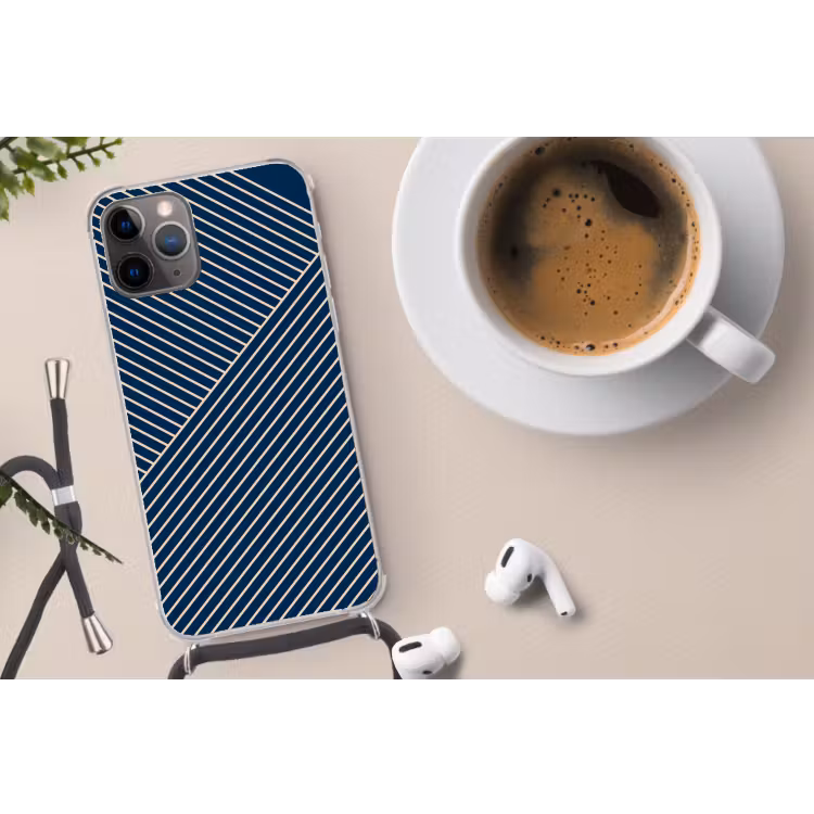 Lijnen - Abstract - Blauw - Wit - Minimalistisch Hoesje iPhone 12 Pro met koord klein -oordop