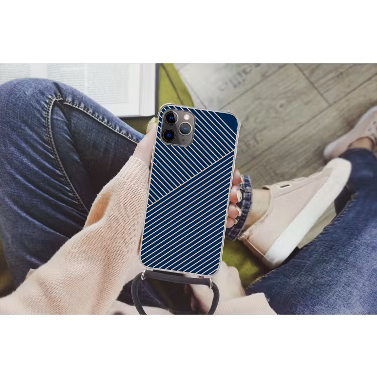 Lijnen - Abstract - Blauw - Wit - Minimalistisch Hoesje iPhone 12 Pro met koord klein -hand