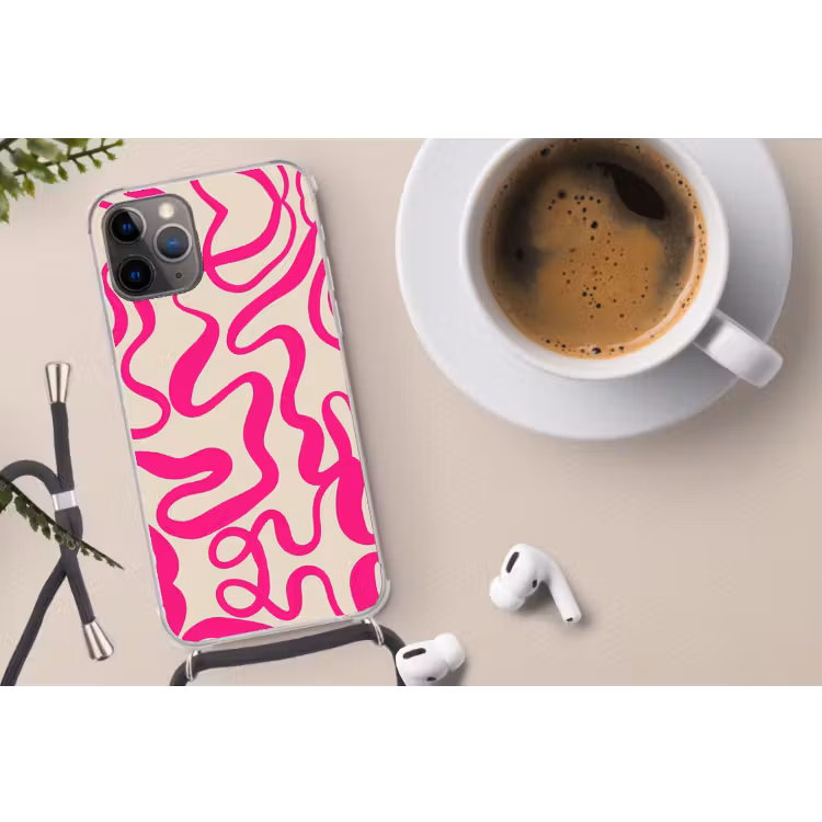 Lijnen - Roze - Beige - Abstract - Minimalistisch Hoesje iPhone 12 Pro met koord klein -oordop
