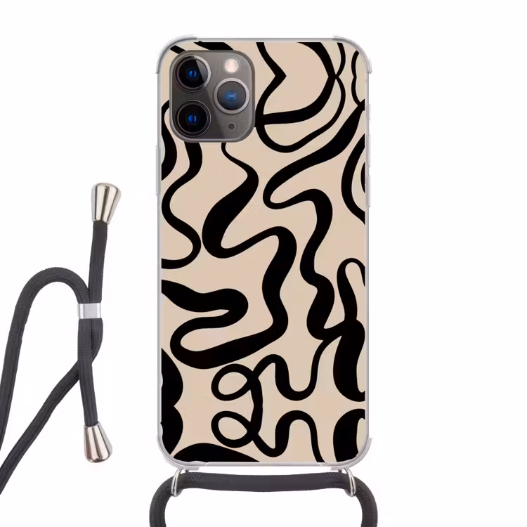 Lijnen - Zwart - Beige - Abstract - Minimalistisch Hoesje iPhone 12 Pro met koord klein -3d