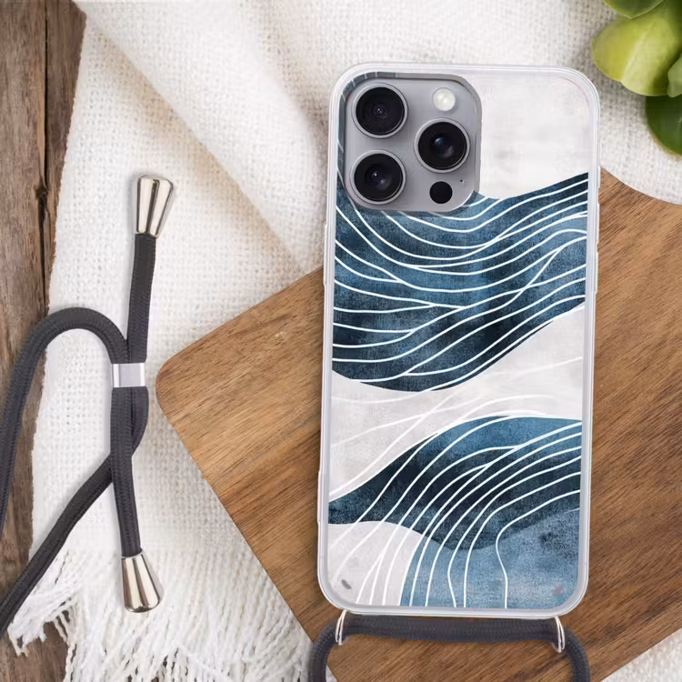 Lijnen - Golven - Abstract - Blauw Hoesje iPhone 16 Pro Max met koord klein -sfeer4