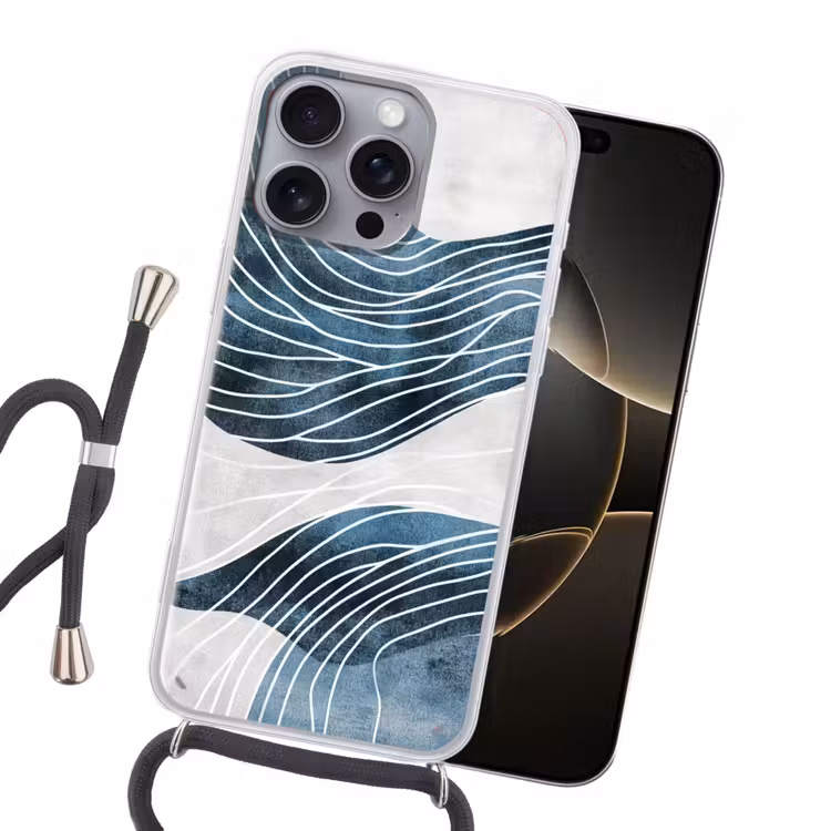 Lijnen - Golven - Abstract - Blauw Hoesje iPhone 16 Pro Max met koord klein -sfeer1
