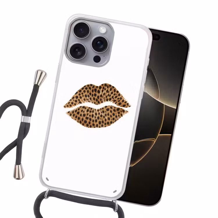 Lip - Panterprint - Minimalistisch - Wit Hoesje iPhone 16 Pro Max met koord klein -sfeer1