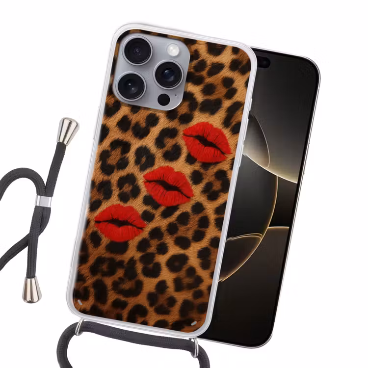 Lippen - Drie - Rood - Panterprint Hoesje iPhone 16 Pro Max met koord klein -sfeer1