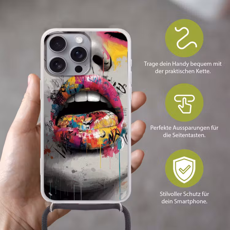 Lippen - Graffiti - Expressief Hoesje iPhone 16 Pro Max met koord klein -sfeer2_DE