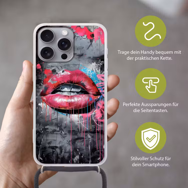 Lippen - Felroze - Graffiti - Verfstrepen Hoesje iPhone 16 Pro Max met koord klein -sfeer2_DE