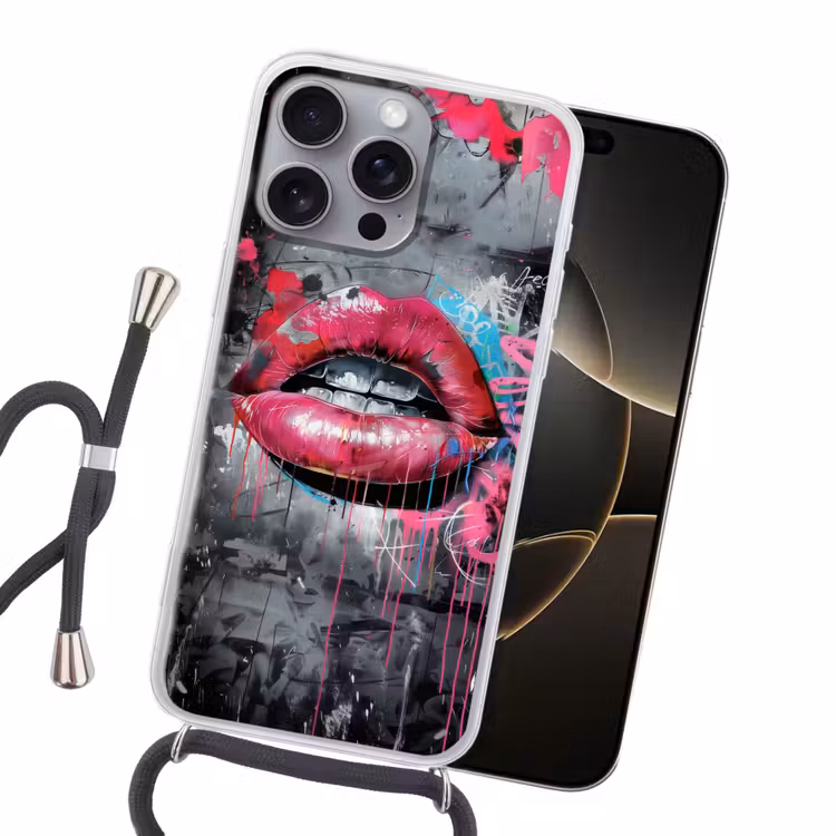 Lippen - Felroze - Graffiti - Verfstrepen Hoesje iPhone 16 Pro Max met koord klein -sfeer1