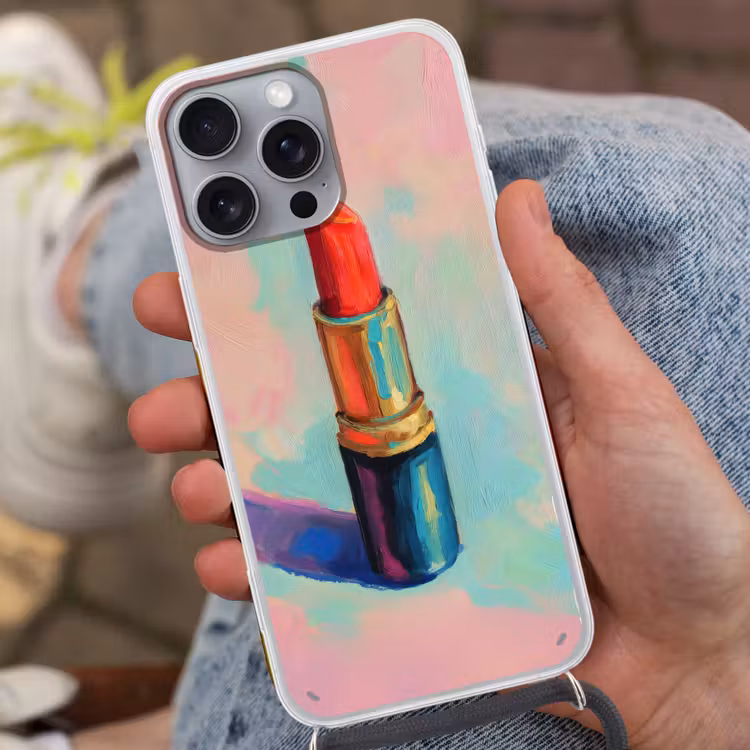 Lippenstift - Rood - Penseelstreken Hoesje iPhone 16 Pro Max met koord klein -sfeer3