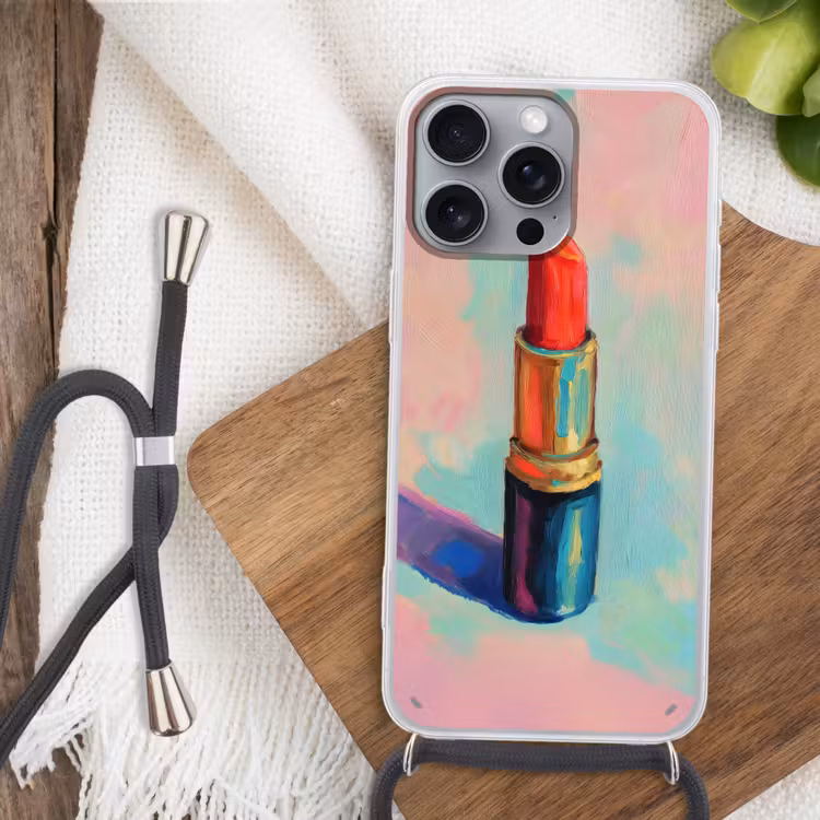 Lippenstift - Rood - Penseelstreken Hoesje iPhone 16 Pro Max met koord klein -sfeer4