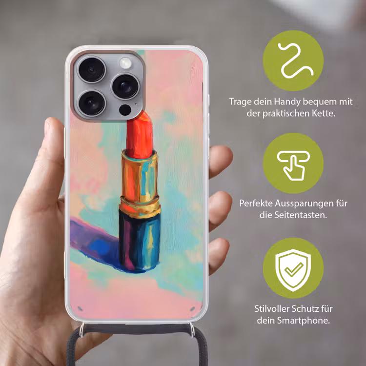 Lippenstift - Rood - Penseelstreken Hoesje iPhone 16 Pro Max met koord klein -sfeer2_DE