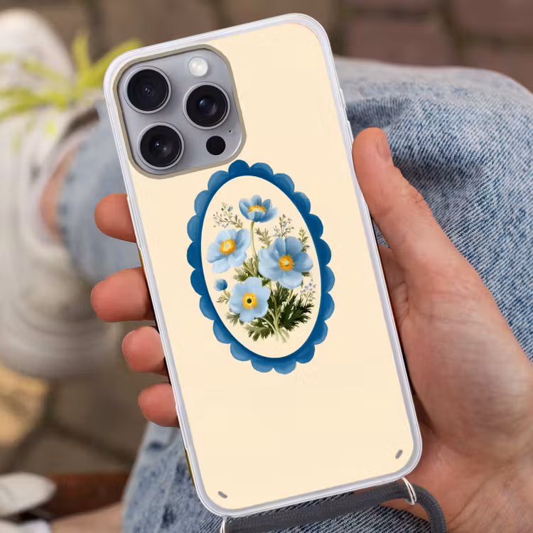 Lijst - Bloemen - Lichtblauw - Illustratie Hoesje iPhone 16 Pro Max met koord klein -sfeer3