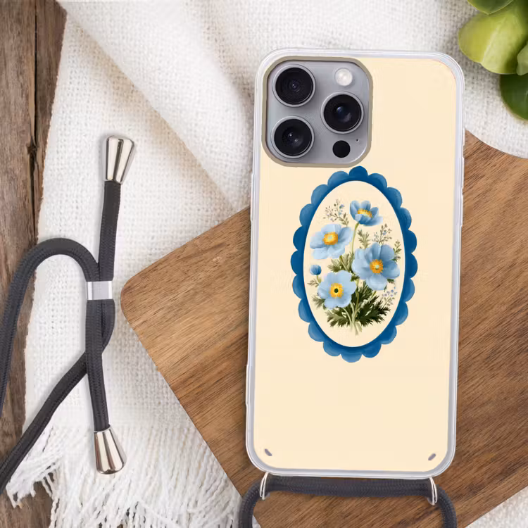 Lijst - Bloemen - Lichtblauw - Illustratie Hoesje iPhone 16 Pro Max met koord klein -sfeer4