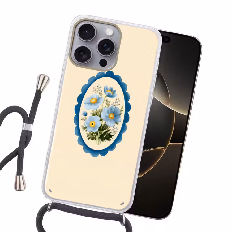 Lijst - Bloemen - Lichtblauw - Illustratie Hoesje iPhone 16 Pro Max met koord klein -sfeer1
