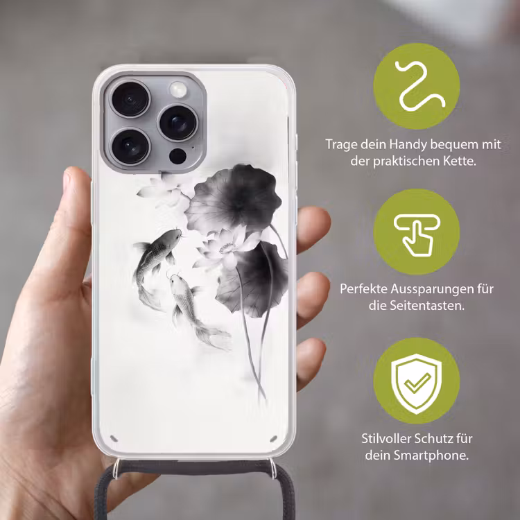 Lotusbloemen - Vissen - Bladeren - Zwart Hoesje iPhone 16 Pro Max met koord klein -sfeer2_DE